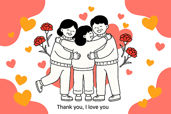 여자 남자 행복 감정 일러스트 가족 안기 따뜻함 사랑 미소 여러명 일상 기쁨 하트 축하 어버이날 카네이션 즐거움 공감 국내일러스트 AI파일 모양 기념일 꽃 다수 컨셉 관계 모션 표정 사람 라이프 파일형식 벡터