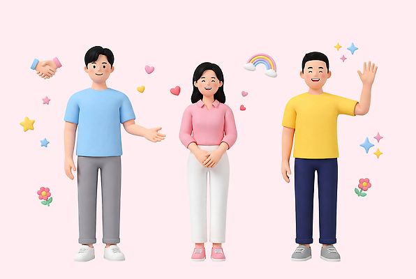 자연요소 모양 식물 감정 컬러 다수 컨셉 모션 3D 파일형식 캐릭터 소통 표정 분홍색 사람 손짓 하트 꽃 무지개 행복 편집3D PSD 편집이미지 다양