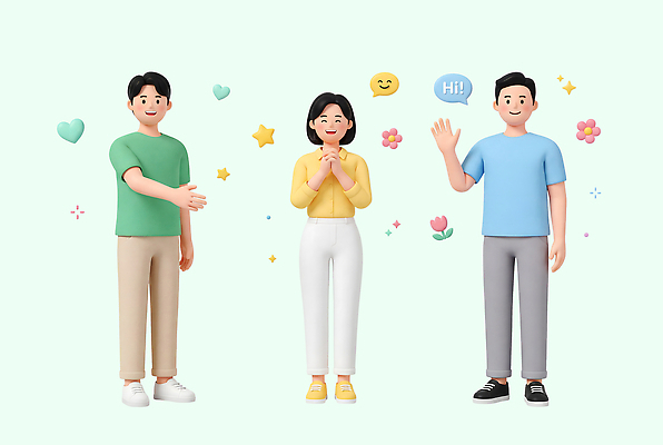 PSD 편집이미지 캐릭터 모션 웃음 사람 다양 인사 소통 편집3D 다수 컨셉 표정 3D 예절 파일형식