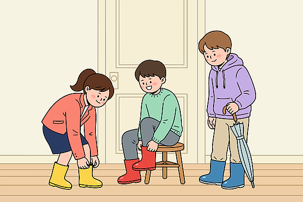옷 패션 어린이 신발 의자 일러스트 우산 날씨 실내 장화 웃음 친구 준비 레인부츠 국내일러스트 AI파일 가구 관계 부츠 표정 사람 내부 파일형식 벡터 생활용품 오브젝트