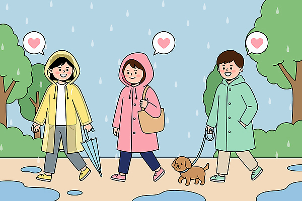 나무 동물 가방 일러스트 우산 하늘 날씨 웃음 사람 물 친구 산책 산책로 비 강아지 웅덩이 우비 국내일러스트 AI파일 자연요소 식물 잡화 옷 길 관계 휴식 표정 반려동물 개 파일형식 벡터