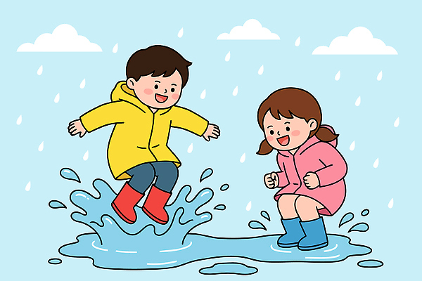 어린이 일러스트 놀이 웃음 물 친구 점프 비 즐거움 웅덩이 우비 스플래쉬 국내일러스트 AI파일 자연요소 옷 감정 관계 모션 날씨 표정 사람 파일형식 벡터