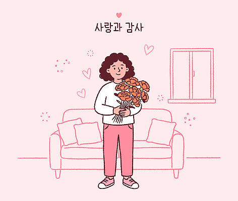 행복 분홍색 꽃다발 거실 일러스트 창문 실내 선물 사랑 미소 소녀 소파 귀여움 카네이션 감사 가정의달 국내일러스트 AI파일 여자 꽃 감정 어린이 컬러 컨셉 의자 표정 내부 5월 파일형식 벡터 식물 가구 사람 날짜 생활용품 오브젝트