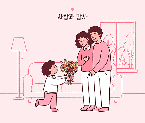 식물 꽃 감정 가구 가족 관계 사람 이벤트 5월 파일형식 벡터 어린이 꽃다발 부모 사랑 감사 거실 창문 기념일 행복 의자 방 일러스트 국내일러스트 AI파일 선물 카네이션 가정의달