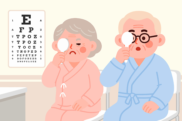 여자 노년 남자 안경 일러스트 의학 건강 병원 진료 검사 시력 시력검사 건강검진 국내일러스트 AI파일 잡화 사람 성인 파일형식 벡터