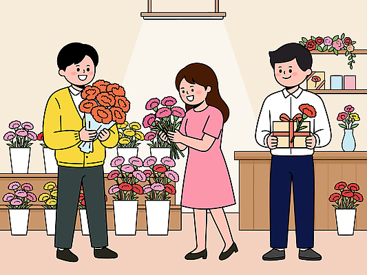 식물 여자 남자 꽃 행복 화초 꽃다발 일러스트 선물 웃음 이벤트 일상 상자 상점 거래 어버이날 꽃집 국내일러스트 AI파일 기념일 감정 표정 사람 라이프 파일형식 벡터 생활