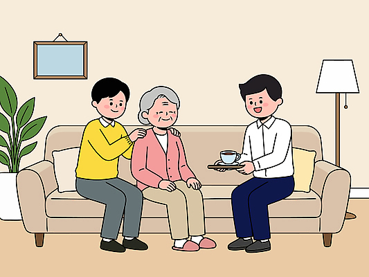 여자 기념일 노년 감정 컨셉 의자 가족 관계 모션 잔 표정 말하기 감각 파일형식 벡터 찻잔 쟁반 들기 마사지 할머니 손주 소파 함께함 따뜻함 대화 편안함 사랑 웃음 일러스트 국내일러스트 AI파일 어버이날