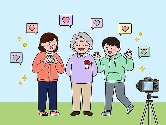 행복 할머니 일러스트 가족 함께함 사랑 웃음 카메라 촬영 모임 추억 어버이날 손주 교감 순간 국내일러스트 AI파일 여자 기념일 노년 감정 컨셉 관계 표정 전자제품 파일형식 벡터 사람 이벤트 성인