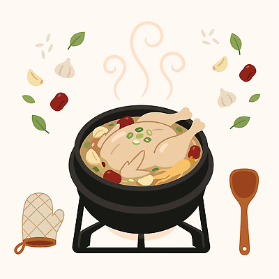 한식 일러스트 재료 주방용품 양파 수저 마늘 요리 닭고기 뜨거움 양념 냄비 수증기 국 간장 소금 주걱 삼계탕 후추 국내일러스트 AI파일 식기 음식 생활용품 채소 육류 솥 향신료 보양식 파일형식 벡터
