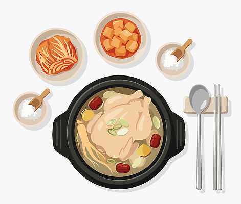 전통 한식 채소 일러스트 식탁 반찬 김치 요리 식사 저녁식사 닭고기 삼계탕 국내일러스트 AI파일 음식 탁자 육류 보양식 파일형식 벡터