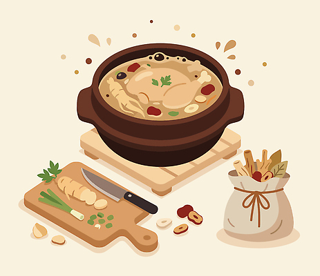 한식 음식 채소 일러스트 재료 도마 건강 요리 주방 닭고기 칼 맛 주머니 향신료 레시피 국물 삼계탕 생강 준비물 국내일러스트 AI파일 컨셉 주방용품 육류 보양식 향미료 파일형식 벡터