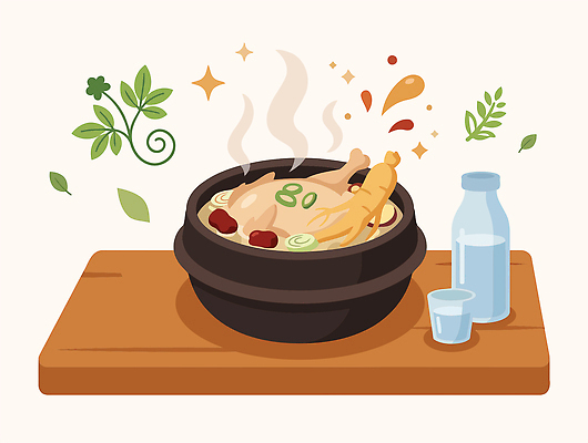 전통 한식 음식 일러스트 재료 탁자 잔 건강 요리 식사 뜨거움 밥상 영양 국물 삼계탕 국내일러스트 AI파일 식기 가구 보양식 파일형식 벡터