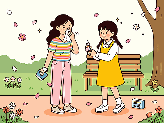 공원 여자 꽃잎 화분 벤치 의자 일러스트 친구 약 도움 화장지 눈물 걱정 위로 알레르기 안약 국내일러스트 AI파일 공공시설 꽃 감정 가구 컨셉 의학 관계 사람 질병 파일형식 벡터