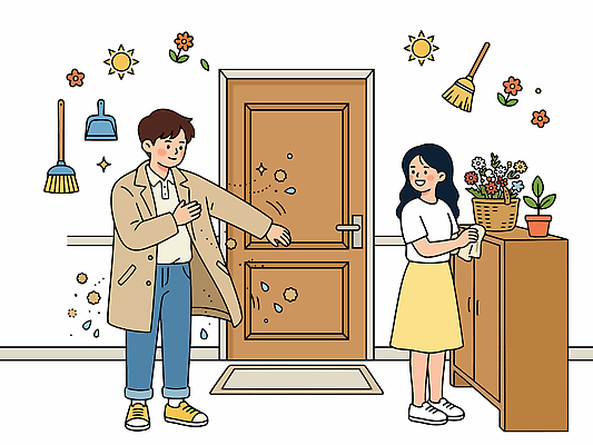 여자 남자 꽃 화분 일러스트 집안 출입구 바닥 일상 생활 문 인사 청소 알레르기 털기 국내일러스트 AI파일 식물 모션 실내 사람 라이프 예절 질병 파일형식 벡터