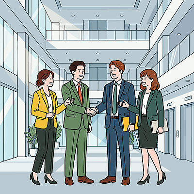 여자 남자 일러스트 비즈니스 협력 악수 직장 대화 사람 건물 사무실 업무 비즈니스맨 비즈니스우먼 소통 대면 국내일러스트 AI파일 건축물 컨셉 회사 말하기 손짓 작업 직장인 파일형식 벡터