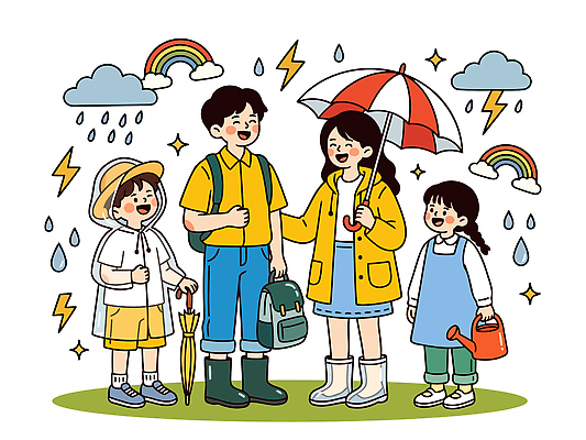 어린이 무지개 일러스트 우산 가족 하늘 대화 장화 웃음 성인 물 비 준비 우비 장마 비구름 국내일러스트 AI파일 자연요소 옷 신발 관계 날씨 표정 말하기 사람 먹구름 파일형식 벡터 구름_자연