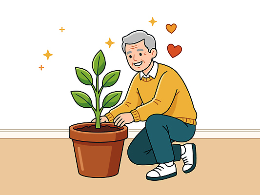 식물 노년 남자 화분 일러스트 건강 밝음 웃음 기쁨 즐거움 물주기 원예 관심 보살핌 식물키우기 국내일러스트 AI파일 감정 모션 표정 사람 성인 취미 파일형식 벡터