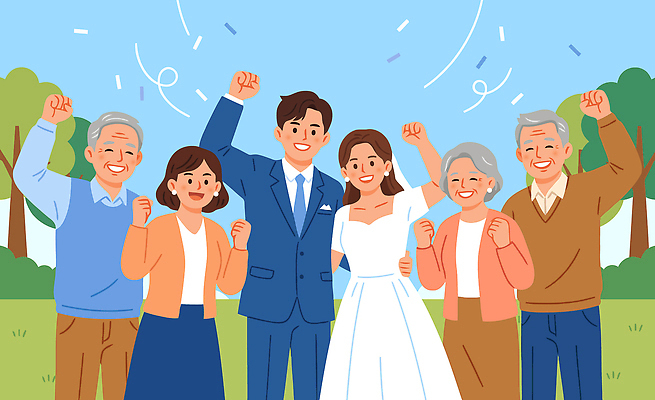 여자 기념일 남자 행복 신부 신랑 일러스트 가족 결혼식 사랑 웃음 사람 파티 기쁨 모임 축하 잔치 기념촬영 국내일러스트 AI파일 감정 결혼 컨셉 관계 표정 이벤트 사진촬영 파일형식 벡터 촬영