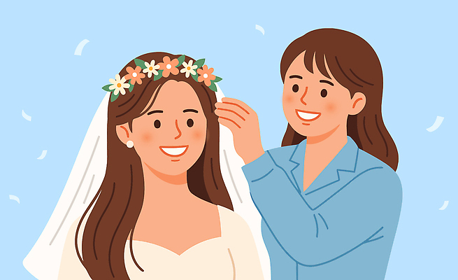 헤어스타일 드레스 옷 여자 기념일 신부 결혼 일러스트 장신구 결혼식 면사포 사랑 웃음 사람 이벤트 친구 기쁨 준비 스타일 국내일러스트 AI파일 감정 관계 표정 결혼소품 파일형식 벡터