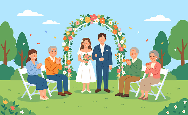 꽃 신부 신랑 일러스트 가족 결혼식 날씨 사랑 서기 웃음 사람 앉기 이벤트 잔디 여러명 친구 기쁨 축하 박수 아치 국내일러스트 AI파일 식물 감정 다수 결혼 컨셉 관계 모션 표정 손짓 파일형식 벡터