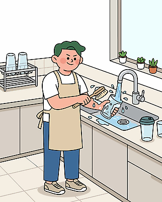 식기 남자 일러스트 가정 주방용품 사람 일상 컵 물 주방 앞치마 씻기 설거지 청소 싱크대 친환경 조리대 정리 식기세척 텀블러 국내일러스트 AI파일 자연요소 생활용품 가사 라이프 환경 청결 개수대 파일형식 벡터 생활 위생 오브젝트