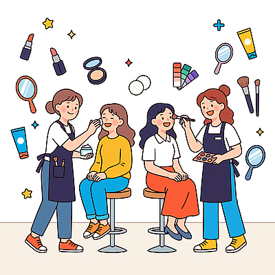 모델 여자 일러스트 웃음 앉기 화장 화장품 거울 붓 피부 즐거움 국내일러스트 AI파일 감정 모션 표정 사람 신체부위 뷰티 파일형식 벡터