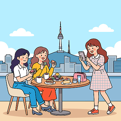 음식 일러스트 디저트 대화 풍경 빌딩 야외 친구 스마트폰 과자 케이크 식사 카페 모임 분위기 즐거움 주말 오후 국내일러스트 AI파일 감정 컨셉 관계 말하기 건물 핸드폰 스마트기기 상점 파일형식 벡터 건축물 모션 전자제품 건축