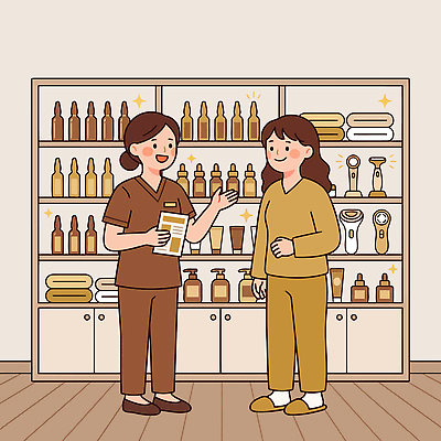 일러스트 관리 대화 설명 치료 수건 판매 기계 마사지 상품 고객 피부 직원 서비스 피부관리 상담 로션 샴푸 국내일러스트 AI파일 의학 모션 말하기 신체부위 위생용품 뷰티 화장품 파일형식 벡터 생활용품 사람 오브젝트