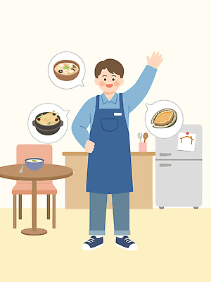 남자 음식 말풍선 일러스트 식재료 식탁 주방용품 주방 가전제품 인사 저녁 보양식 전복 삼계탕 점심 국내일러스트 AI파일 생활용품 탁자 어패류 사람 예절 밤 야간 몸보신 파일형식 벡터 자연요소 동물 가구 오브젝트 보신