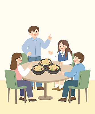 음식 의자 일러스트 가족 식탁 탁자 대화 여러명 일상 식사 모임 저녁 즐거움 보양식 삼계탕 나눔 사회생활 소통 친목 국내일러스트 AI파일 감정 가구 다수 컨셉 비즈니스 관계 말하기 사람 라이프 밤 야간 몸보신 파일형식 벡터 자연요소 생활용품 모션 생활 보신 오브젝트