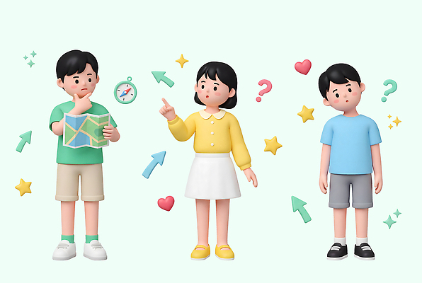PSD 편집이미지 어린이 지도 생각 수수께끼 그룹 나침반 질문 호기심 탐색 길찾기 편집3D 감정 컨셉 사람 3D 파일형식 디지털합성