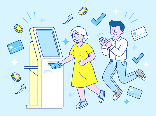 남자 행복 할머니 돈 일러스트 웃음 스크린 기계 기쁨 거래 도움 서비스 은행 ATM 자동화 국내일러스트 AI파일 여자 노년 감정 컨셉 표정 사람 재산 파일형식 벡터 성인 금융 경제