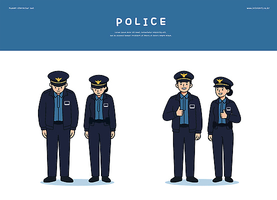 캐릭터 여자 남자 유니폼 일러스트 커뮤니케이션 미소 웃음 안전 파란색 인사 사회 경찰 국내일러스트 AI파일 직업 옷 컬러 표정 사람 예절 공동체 파일형식 벡터