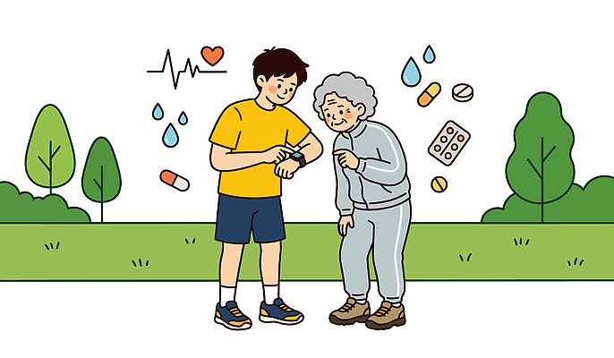 나무 공원 노년 남자 일러스트 자연 모바일 건강 대화 웃음 잔디 운동 약 디지털 만남 도움 확인 세대 소통 복용 국내일러스트 AI파일 식물 공공시설 컨셉 의학 표정 말하기 사람 성인 생태계 파일형식 벡터 모션 시설