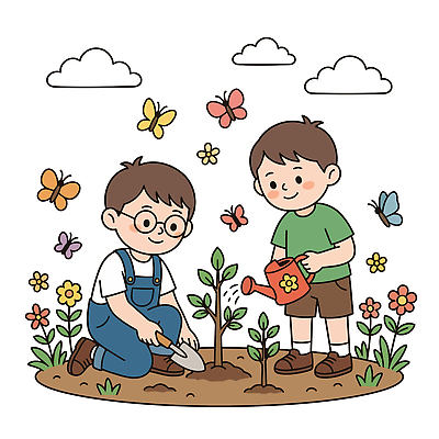 나무 꽃 어린이 나비 꽃밭 일러스트 자연 놀이 환경 정원 흙 성장 도구 즐거움 물주기 실천 심기 국내일러스트 AI파일 식물 감정 곤충 모션 사람 생태계 파일형식 벡터 동물