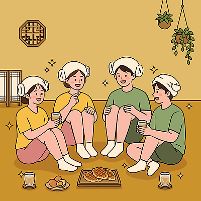 음료 일러스트 휴식 디저트 실내 따뜻함 대화 웃음 친구 모임 편안함 즐거움 와플 소통 찜질방 국내일러스트 AI파일 감정 음식 컨셉 관계 표정 말하기 내부 감각 파일형식 벡터 모션