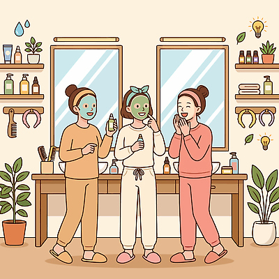 일러스트 대화 친구 뷰티 화장품 거울 즐거움 피부관리 스킨케어 소통 찜질방 국내일러스트 AI파일 감정 컨셉 관계 말하기 파일형식 벡터 모션
