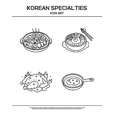 전통 음식 채소 일러스트 한국 요리 세트 치킨 찌개 특산물 비빔밥 국내일러스트 AI파일 아시아 한식 닭고기요리 파일형식 벡터 나라