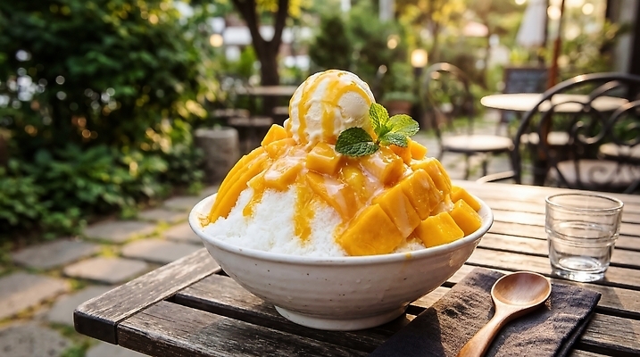 JPG 편집이미지 과일 자연 탁자 아이스크림 디저트 여름 카페 빙수 망고 먹거리 망고빙수 맛있는 편집실사 AI포토 AI콘텐츠 계절 음식 가구 상점 CG 열대과일 생태계 파일형식 생활용품 오브젝트