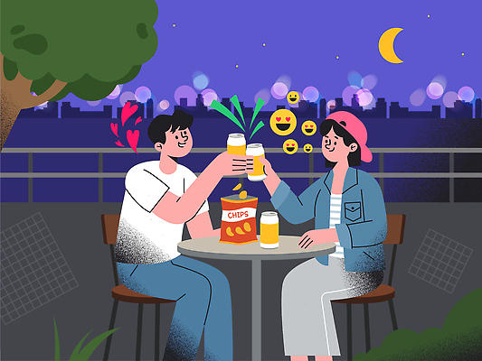 커플 여자 남자 음료 야경 일러스트 탁자 맥주 함께함 대화 웃음 친구 모임 도시 저녁 즐거움 건배 음주문화 외식 국내일러스트 AI파일 감정 가구 컨셉 관계 주류 표정 말하기 사람 풍경 밤 야간 음주 파일형식 벡터 자연요소 생활용품 모션 오브젝트