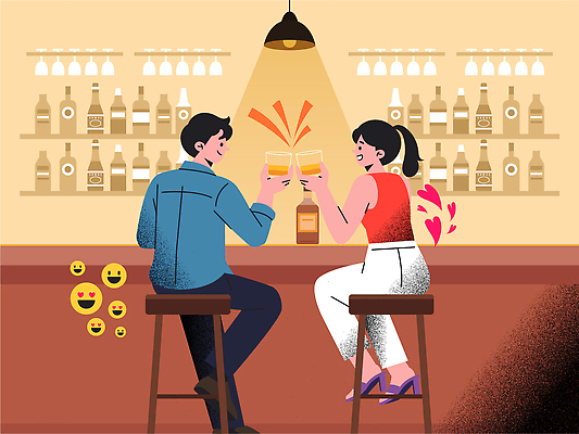 커플 여자 남자 행복 일러스트 잔 대화 웃음 두명 친구 만남 알코올 바 술집 즐거움 건배 음주문화 위스키 국내일러스트 AI파일 식기 감정 컨셉 관계 주류 표정 말하기 사람 음주 파일형식 벡터 음료 모션