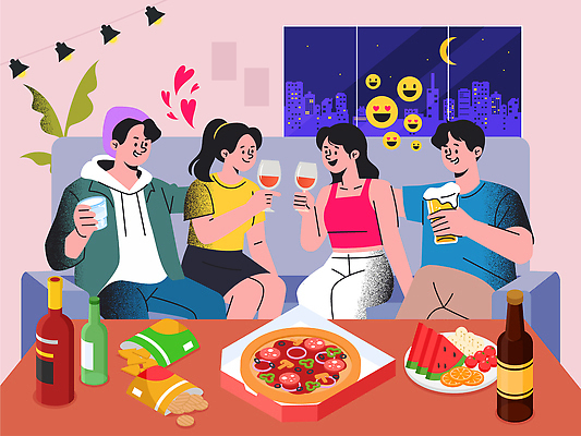 여자 남자 음료 음식 거실 일러스트 탁자 맥주 피자 대화 웃음 친구 파티 과자 와인 모임 만남 도시 저녁 즐거움 수다 음주문화 사교 국내일러스트 AI파일 감정 가구 컨셉 관계 디저트 주류 패스트푸드 서양음식 표정 말하기 사람 이벤트 밤 야간 음주 파일형식 벡터 자연요소 생활용품 모션 인스턴트 오브젝트