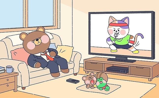 동물 옷 교육 감정 컨셉 의자 포유류 관계 건강 양서류 전자제품 반려동물 운동 설치류 파일형식 벡터 개구리 다람쥐 졸음 피곤 잠 홈트레이닝 곰 소파 텔레비전 고양이 거실 수업 휴식 정장 친구 국내일러스트 AI파일 일러스트
