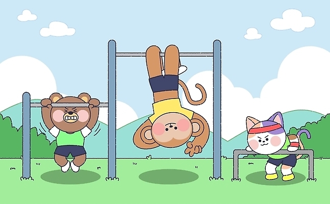 동물 공공시설 감정 포유류 관계 모션 건강 반려동물 파일형식 벡터 매달리기 운동 철봉 친구 곰 원숭이 고양이 하늘 산 포즈 체육 스포츠 즐거움 공원 국내일러스트 AI파일 일러스트