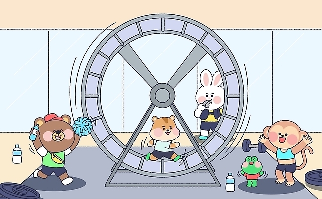 동물 캐릭터 감정 포유류 모션 건강 양서류 반려동물 운동 헬스 설치류 물통 파일형식 벡터 응원 곰 개구리 원숭이 토끼 다람쥐 쳇바퀴 동물캐릭터 체육관 즐거움 운동기구 물병 달리기 체육 국내일러스트 AI파일 일러스트