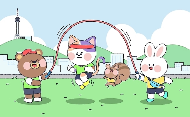 동물 계절 공공시설 감정 포유류 관계 모션 건강 반려동물 설치류 줄넘기 파일형식 벡터 점프 다람쥐 단체줄넘기 공원 여름 곰 고양이 토끼 친구 놀이 운동 즐거움 캐릭터 기쁨 국내일러스트 AI파일 일러스트