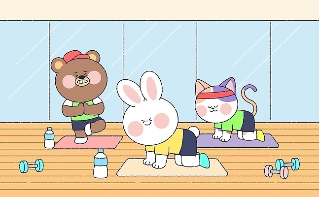 동물 웰빙 감정 포즈 요가 포유류 건강 내부 반려동물 운동 물통 파일형식 벡터 매트 요가자세 곰 토끼 고양이 스트레칭 실내 물병 아령 즐거움 캐릭터 국내일러스트 AI파일 일러스트