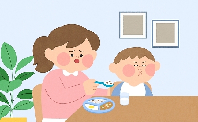 컨셉 가족 관계 탁자 수저 사람 먹기 식생활 파일형식 벡터 남자 여자 먹여주기 편식 엄마 어린이 식사 숟가락 거절 식탁 음식 생활 건강 국내일러스트 AI파일 일러스트 성장 육아