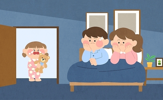 여자 감정 어린이 인형 가구 가족 관계 표정 사람 파일형식 벡터 울음 남자 곰인형 무서움 부모 침대 방 걱정 밤 소녀 방문 침실 국내일러스트 AI파일 일러스트 성장 육아