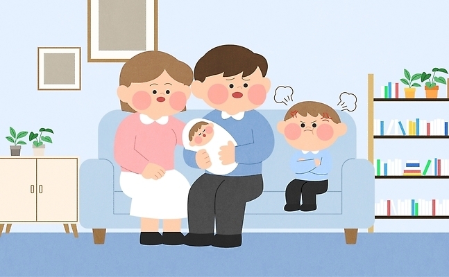 감정 가구 의자 가족 관계 모션 사람 형제 파일형식 벡터 삐침 여자 어린이 동생 분노 질투 부모 아기 형 소파 방 표정 선반 식물 앉기 안기 국내일러스트 AI파일 일러스트 성장 육아